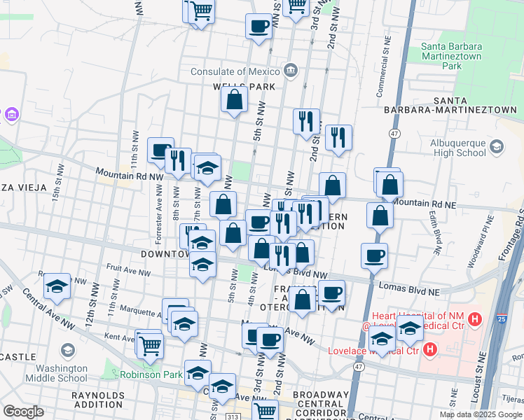map of restaurants, bars, coffee shops, grocery stores, and more near 923 4th Street Northwest in Albuquerque