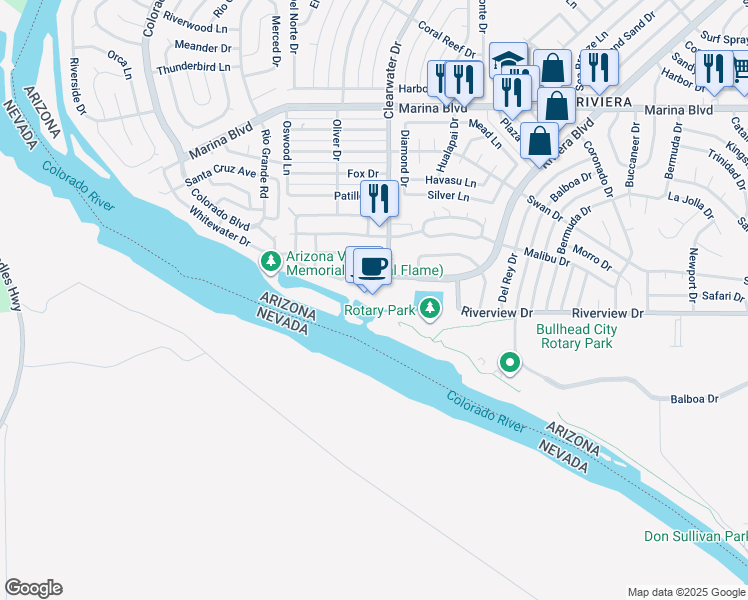 map of restaurants, bars, coffee shops, grocery stores, and more near 2247 Clearwater Drive in Bullhead City