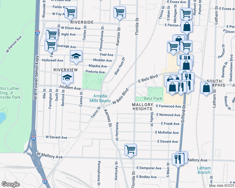 map of restaurants, bars, coffee shops, grocery stores, and more near 76 West Belz Boulevard in Memphis