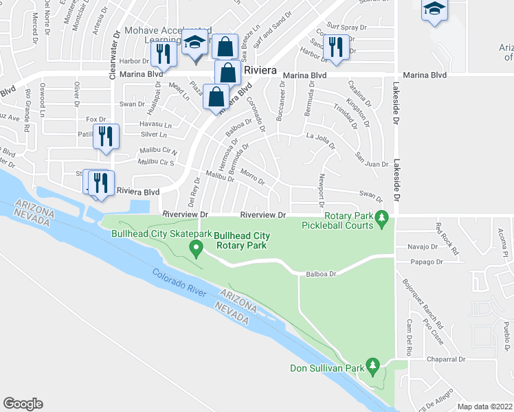 map of restaurants, bars, coffee shops, grocery stores, and more near 2249 Alpine Cove in Bullhead City