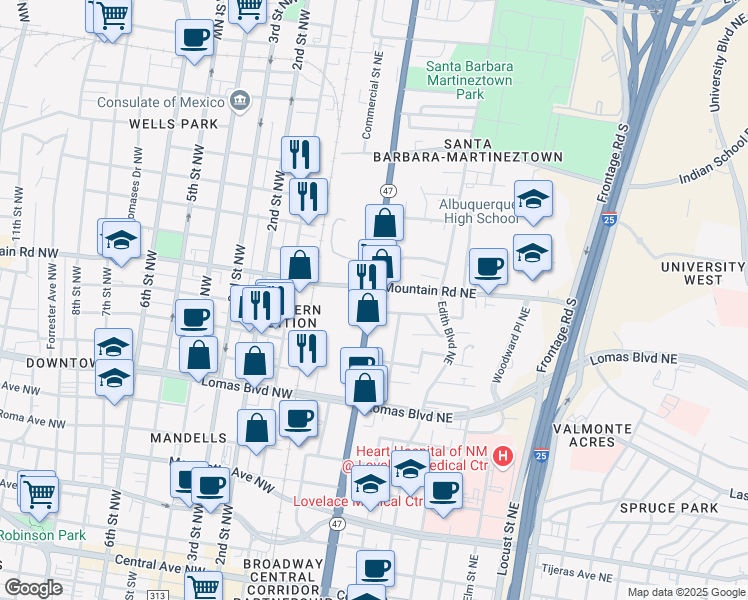 map of restaurants, bars, coffee shops, grocery stores, and more near 1114 Broadway Boulevard Northeast in Albuquerque
