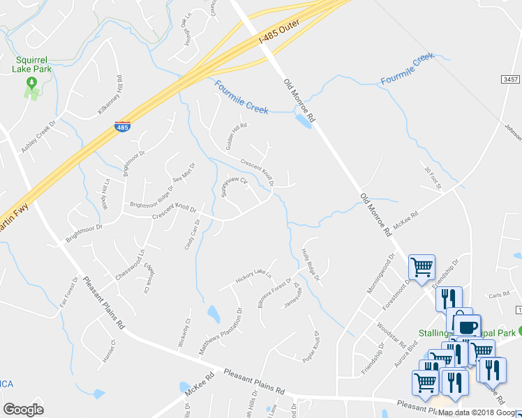 map of restaurants, bars, coffee shops, grocery stores, and more near 2924 Crescent Knoll Drive in Matthews