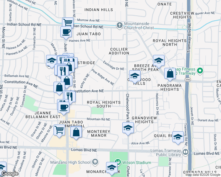map of restaurants, bars, coffee shops, grocery stores, and more near 12317 Constitution Avenue Northeast in Albuquerque
