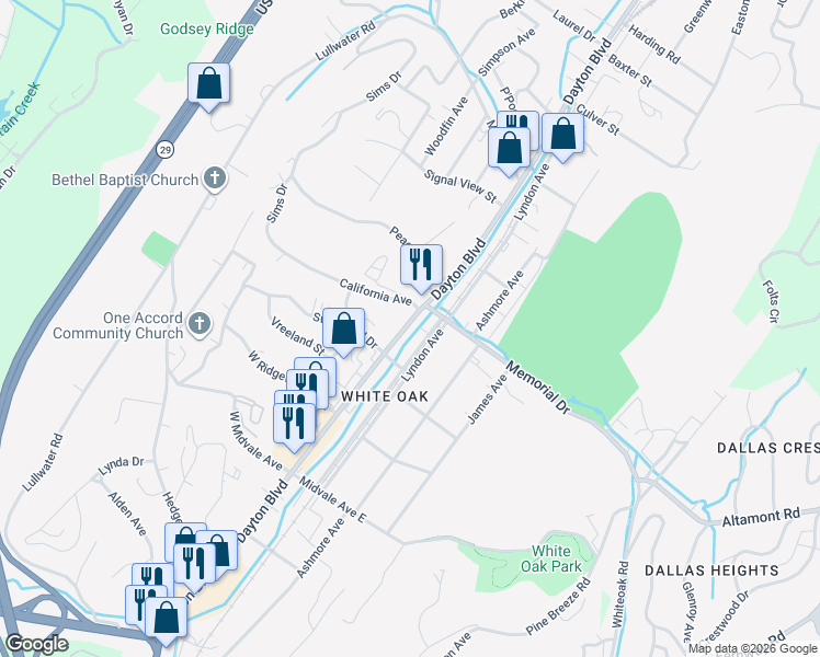 map of restaurants, bars, coffee shops, grocery stores, and more near 2230 Dayton Boulevard in Chattanooga