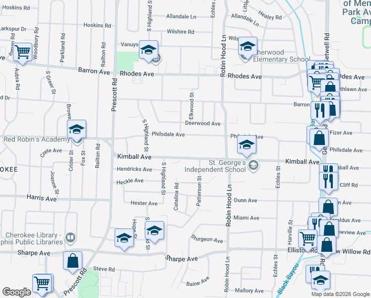 map of restaurants, bars, coffee shops, grocery stores, and more near 3582 Kimball Avenue in Memphis