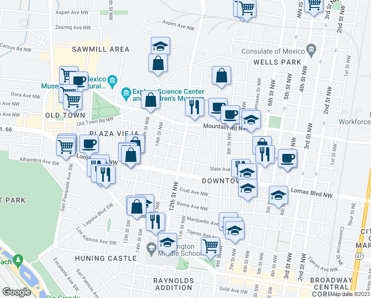 map of restaurants, bars, coffee shops, grocery stores, and more near 724 12th Street Northwest in Albuquerque