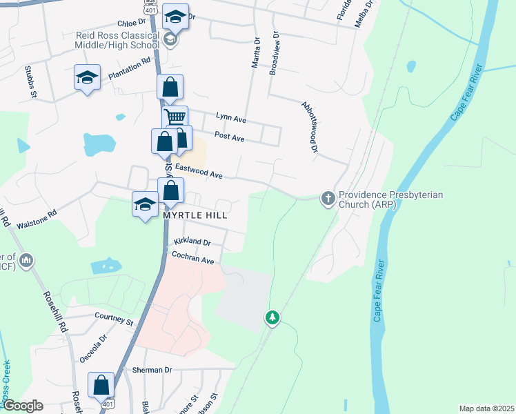 map of restaurants, bars, coffee shops, grocery stores, and more near 2707 Kentberry Avenue in Fayetteville
