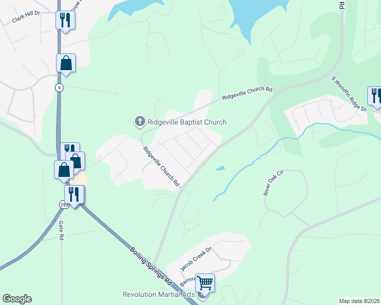 map of restaurants, bars, coffee shops, grocery stores, and more near 912 Knoll Ridge Way in Inman
