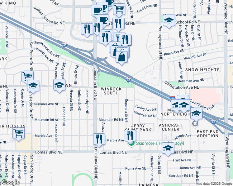 map of restaurants, bars, coffee shops, grocery stores, and more near 1505 Mesilla Street Northeast in Albuquerque