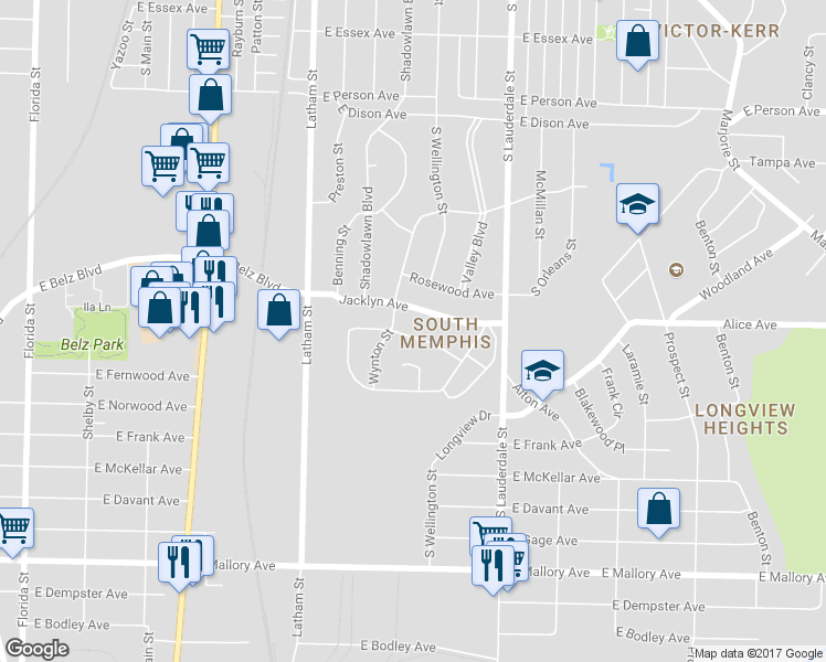 map of restaurants, bars, coffee shops, grocery stores, and more near 450 Fernwood Avenue in Memphis