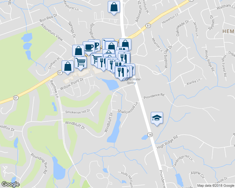 map of restaurants, bars, coffee shops, grocery stores, and more near 3127 Windbluff Drive in Charlotte