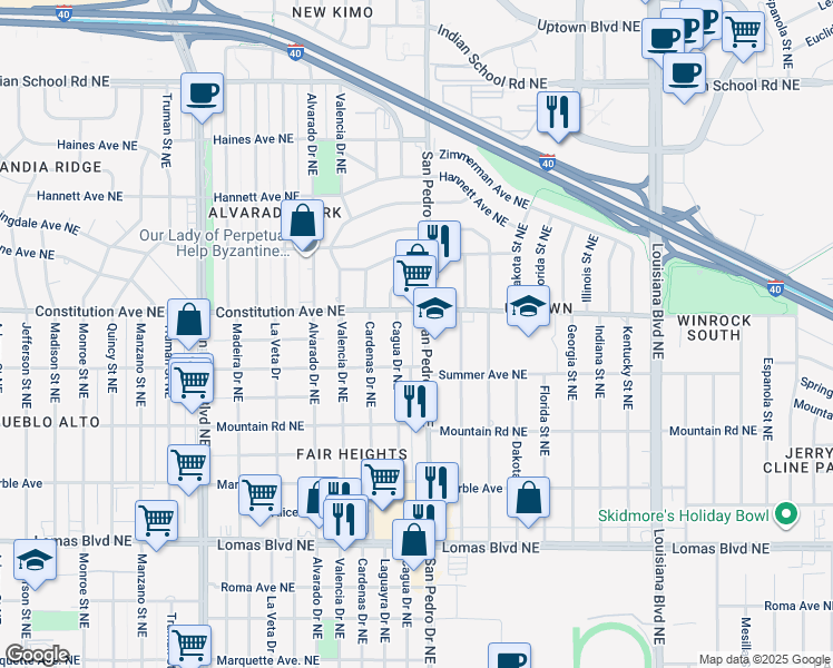 map of restaurants, bars, coffee shops, grocery stores, and more near 1627 San Pedro Drive Northeast in Albuquerque
