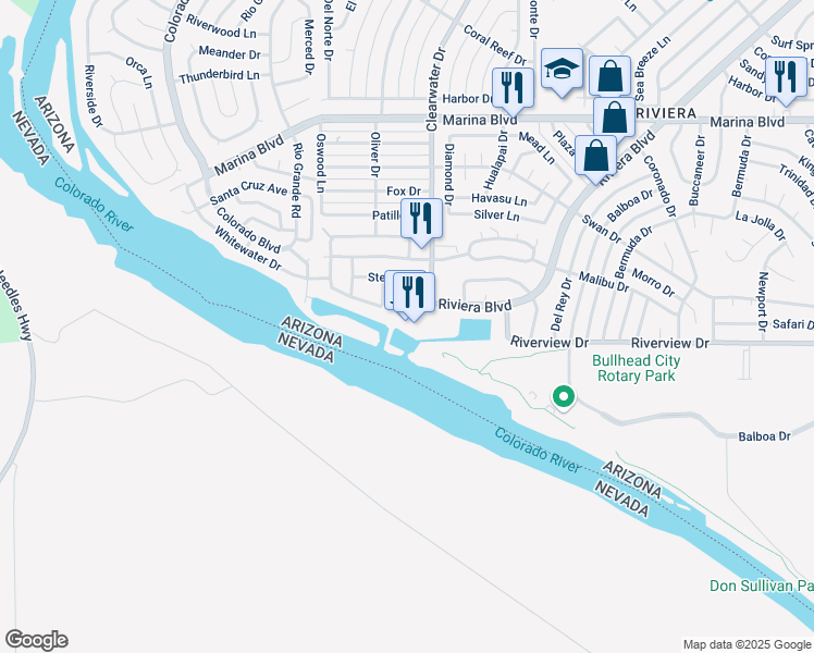 map of restaurants, bars, coffee shops, grocery stores, and more near 2245 Clearwater Drive in Bullhead City