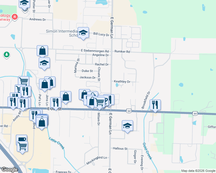 map of restaurants, bars, coffee shops, grocery stores, and more near 1235 East German Lane in Conway