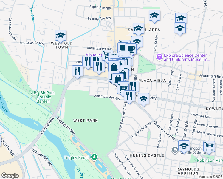 map of restaurants, bars, coffee shops, grocery stores, and more near 230 Willis Place Southwest in Albuquerque