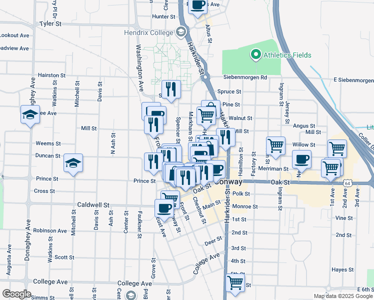 map of restaurants, bars, coffee shops, grocery stores, and more near 1110 Spencer Street in Conway