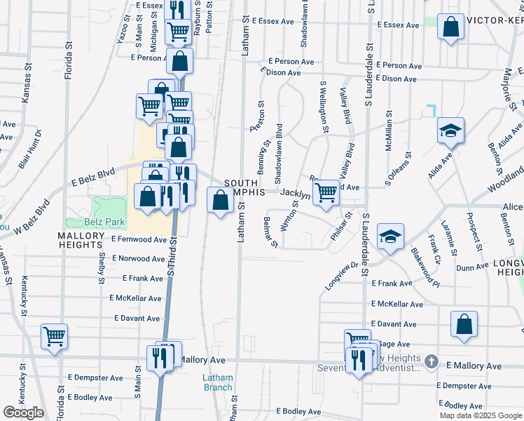 map of restaurants, bars, coffee shops, grocery stores, and more near 1953 Belmar Street in Memphis