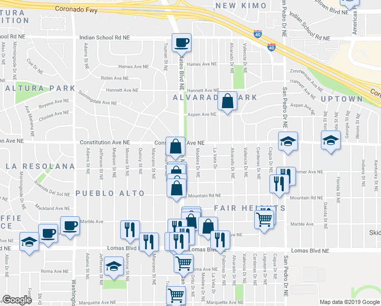 map of restaurants, bars, coffee shops, grocery stores, and more near 5313 El Encanto Place Northeast in Albuquerque