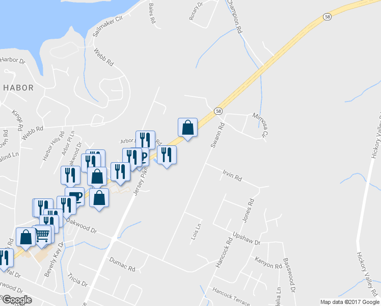 map of restaurants, bars, coffee shops, grocery stores, and more near 5008 Highway 58 in Chattanooga