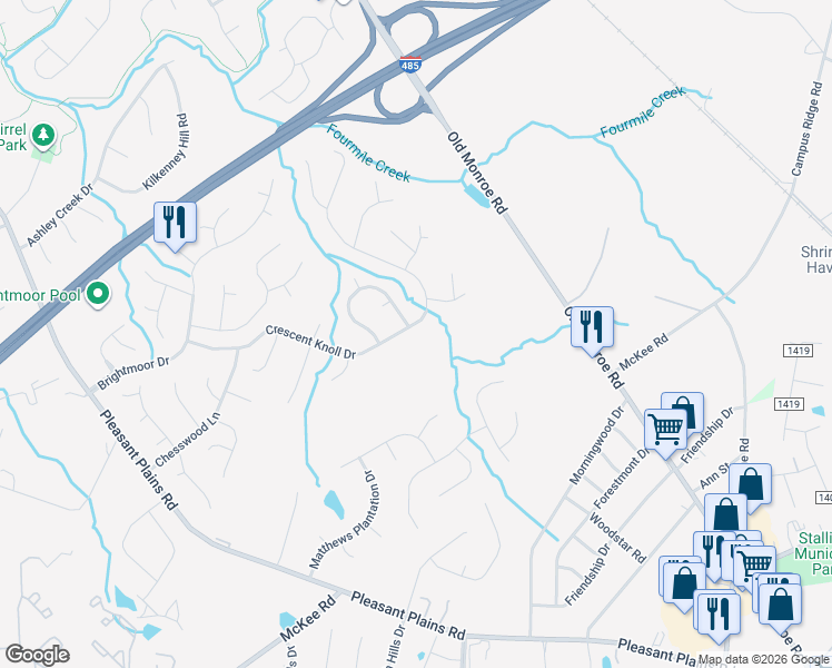map of restaurants, bars, coffee shops, grocery stores, and more near 2924 Crescent Knoll Drive in Matthews
