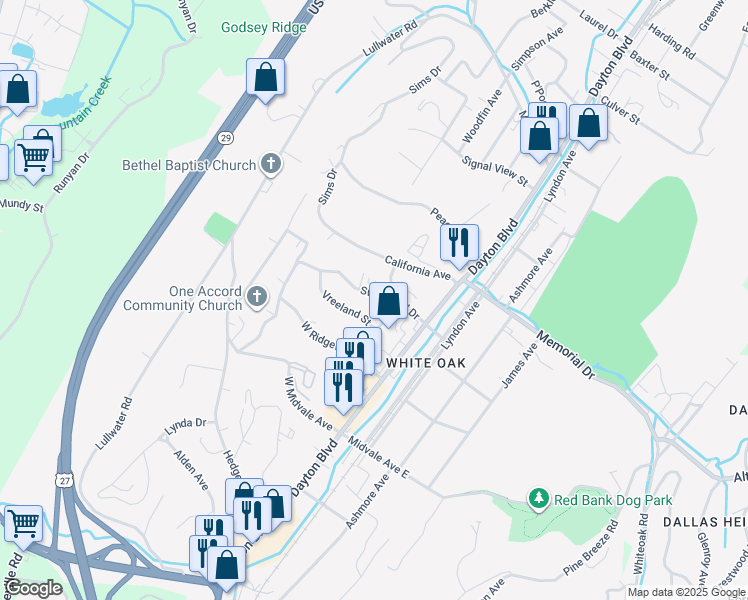 map of restaurants, bars, coffee shops, grocery stores, and more near 214 Sweetland Drive in Chattanooga