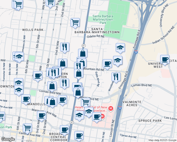 map of restaurants, bars, coffee shops, grocery stores, and more near 406 Mountain Road Northeast in Albuquerque