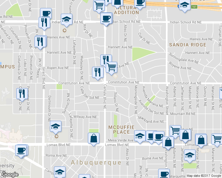 map of restaurants, bars, coffee shops, grocery stores, and more near 3615 Cll Del Ranchero Northeast in Albuquerque