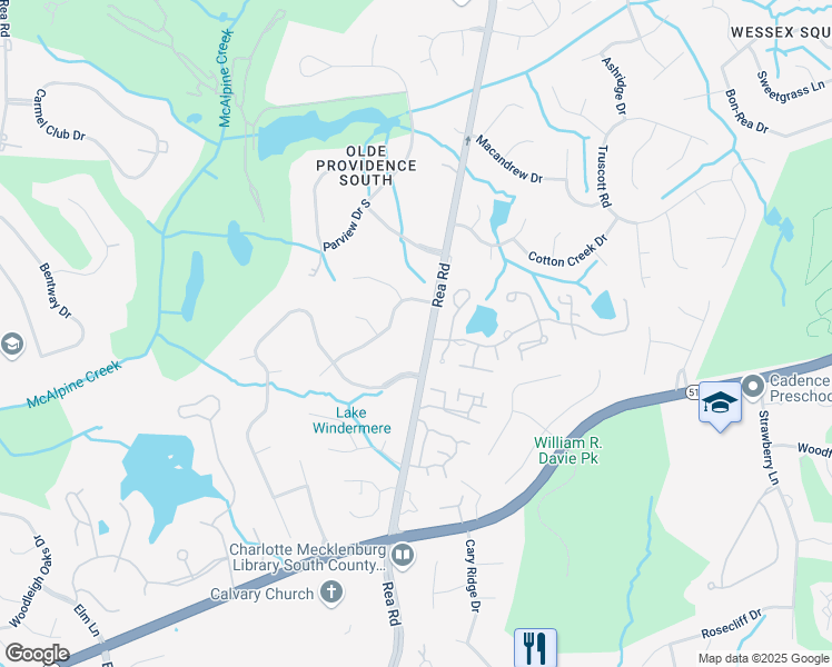 map of restaurants, bars, coffee shops, grocery stores, and more near 5128 Rea Road in Charlotte