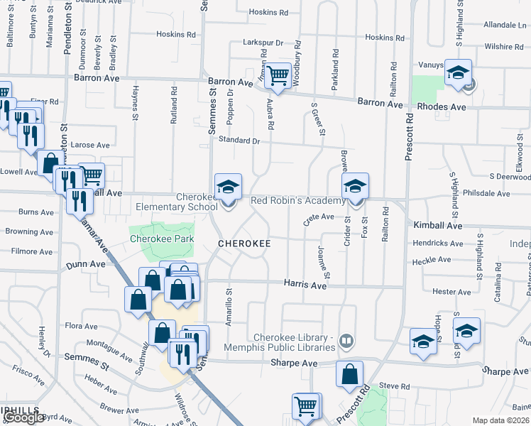 map of restaurants, bars, coffee shops, grocery stores, and more near 1384 Alamo Street in Memphis