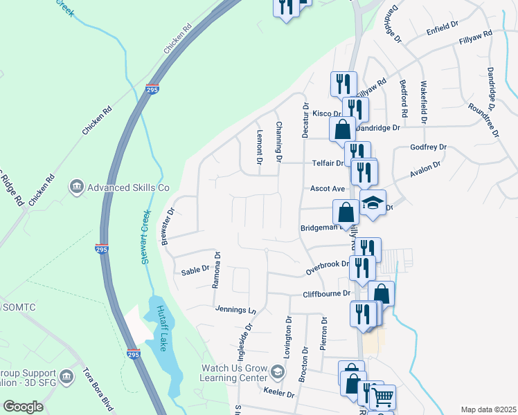 map of restaurants, bars, coffee shops, grocery stores, and more near 259 Fawn Road in Fayetteville