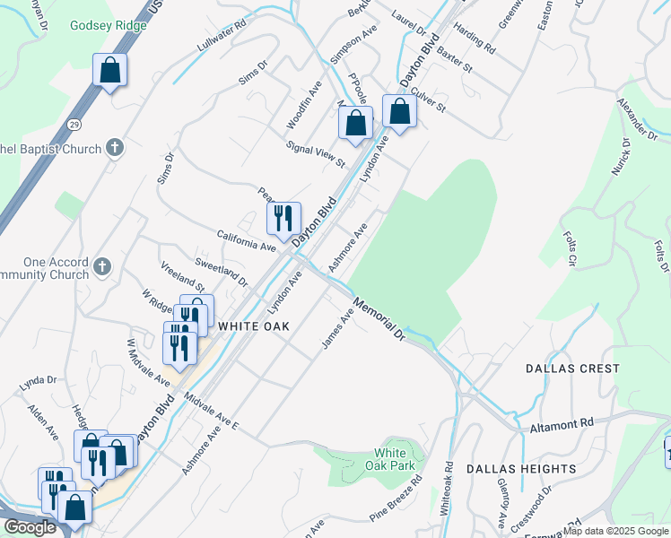map of restaurants, bars, coffee shops, grocery stores, and more near 2328 Ashmore Avenue in Chattanooga