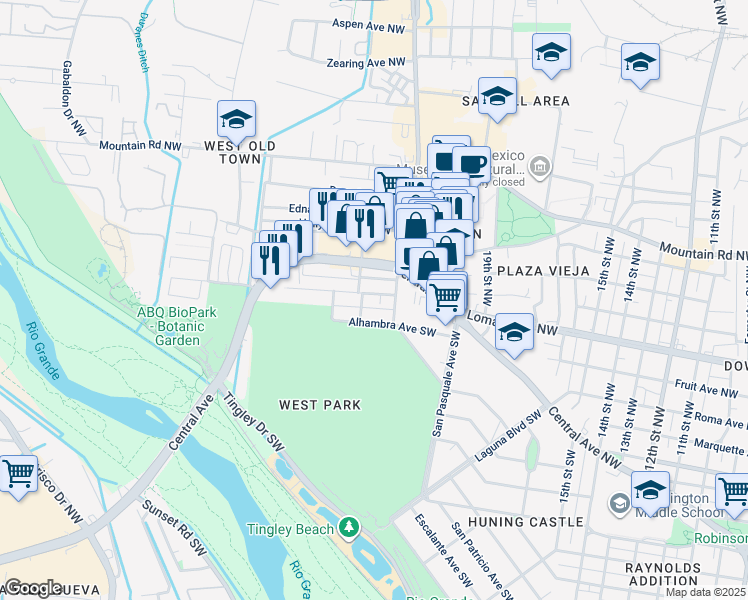 map of restaurants, bars, coffee shops, grocery stores, and more near 2110 New York Avenue Southwest in Albuquerque
