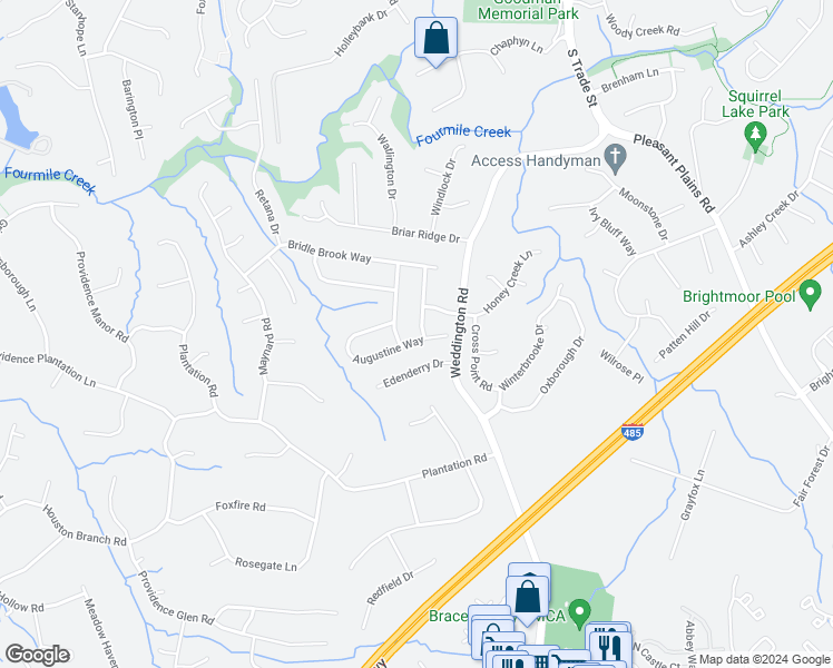 map of restaurants, bars, coffee shops, grocery stores, and more near 6915 Augustine Way in Charlotte
