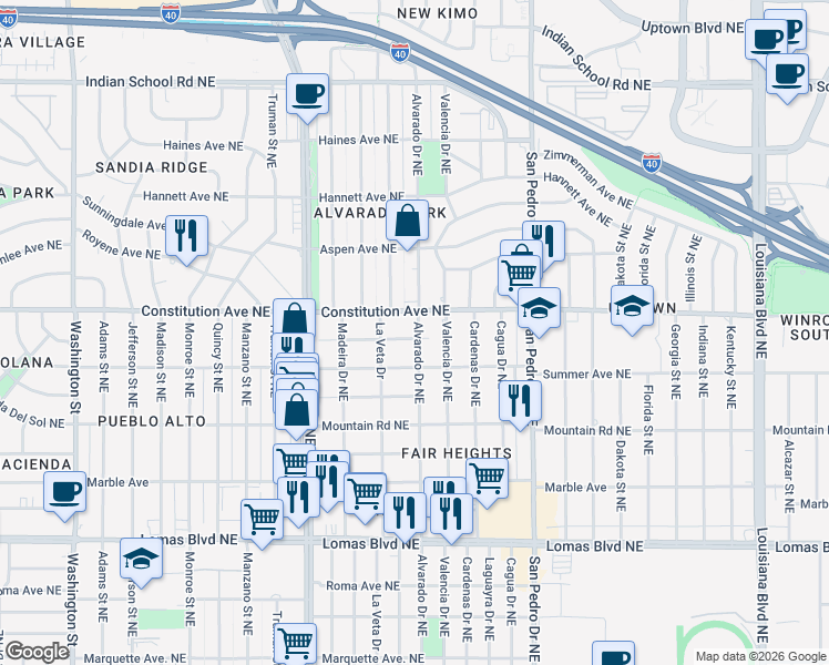 map of restaurants, bars, coffee shops, grocery stores, and more near 5513 El Encanto Place Northeast in Albuquerque