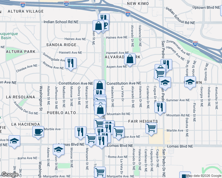 map of restaurants, bars, coffee shops, grocery stores, and more near in Albuquerque