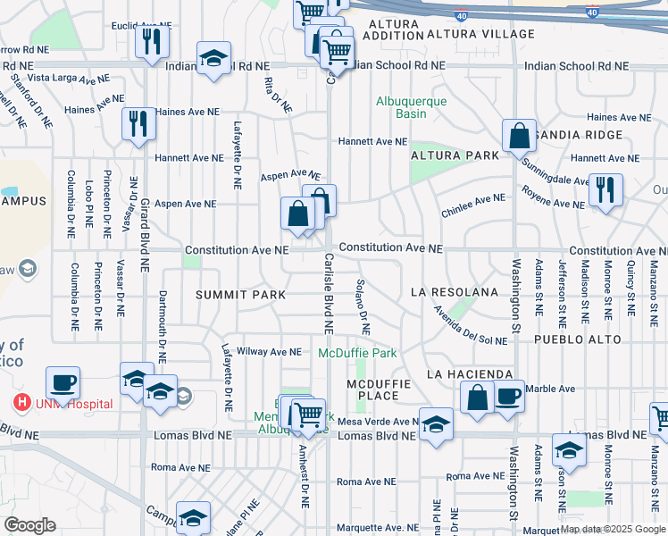 map of restaurants, bars, coffee shops, grocery stores, and more near 3615 Cll Del Ranchero Northeast in Albuquerque