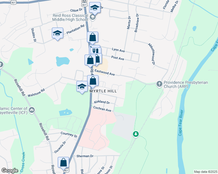 map of restaurants, bars, coffee shops, grocery stores, and more near 250 West Circle Court in Fayetteville