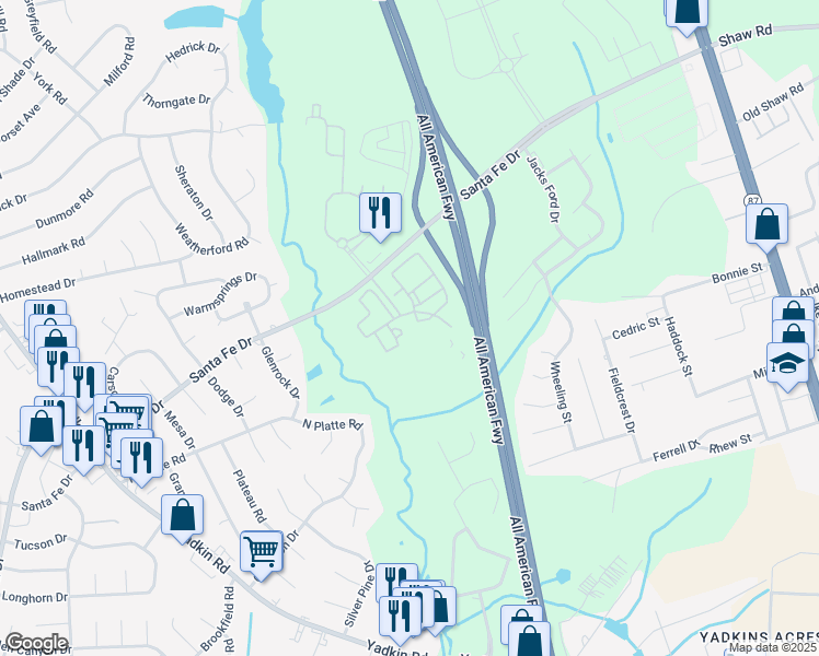 map of restaurants, bars, coffee shops, grocery stores, and more near  in Fayetteville