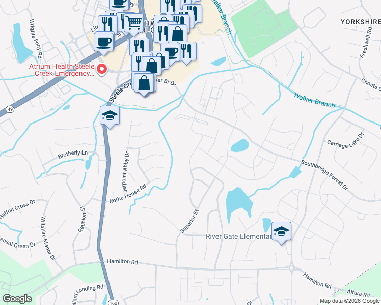 map of restaurants, bars, coffee shops, grocery stores, and more near 13526 Pontchatrain Avenue in Charlotte