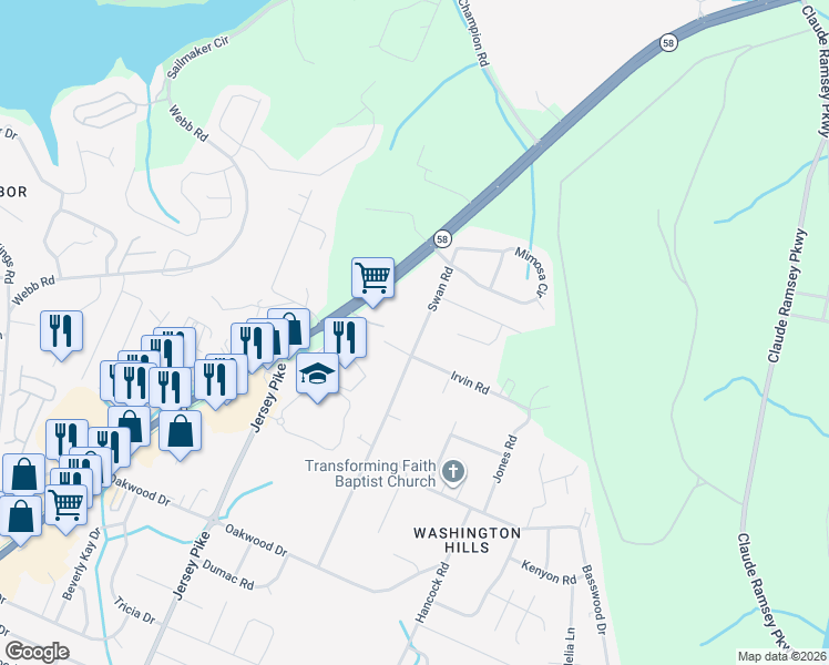 map of restaurants, bars, coffee shops, grocery stores, and more near 5005 Swan Road in Chattanooga