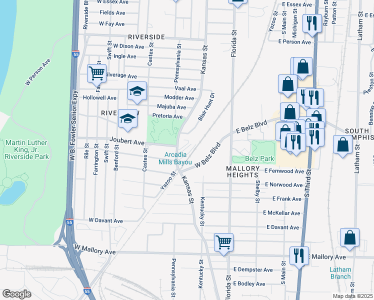 map of restaurants, bars, coffee shops, grocery stores, and more near 76 West Belz Boulevard in Memphis