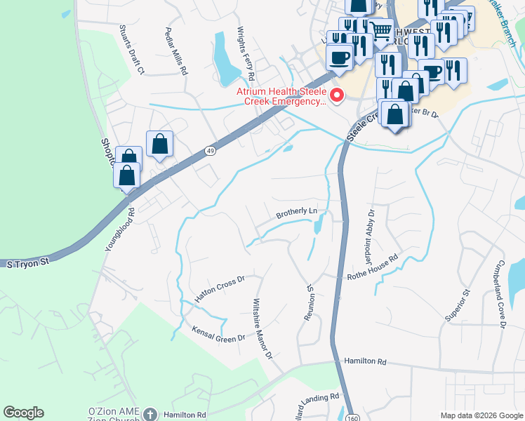 map of restaurants, bars, coffee shops, grocery stores, and more near 12615 Congregation Drive in Charlotte