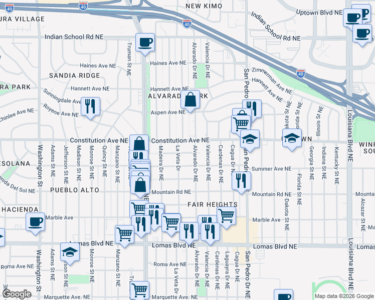 map of restaurants, bars, coffee shops, grocery stores, and more near 5513 El Encanto Place Northeast in Albuquerque