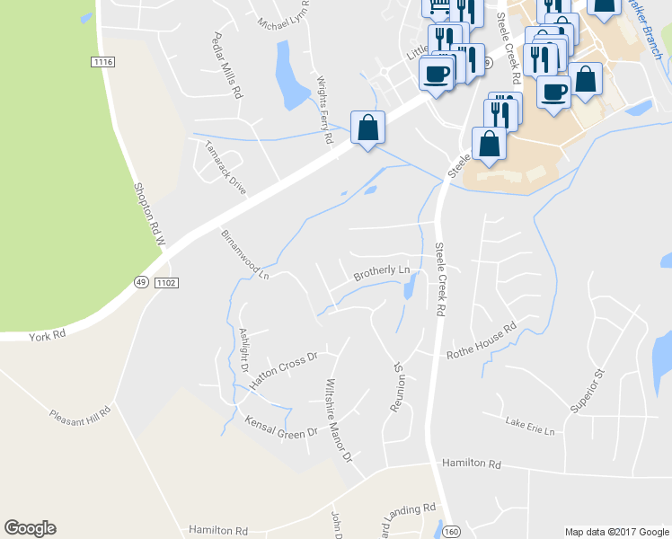map of restaurants, bars, coffee shops, grocery stores, and more near 12615 Congregation Drive in Charlotte