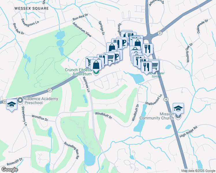 map of restaurants, bars, coffee shops, grocery stores, and more near 8002 Horse Chestnut Ln in Charlotte