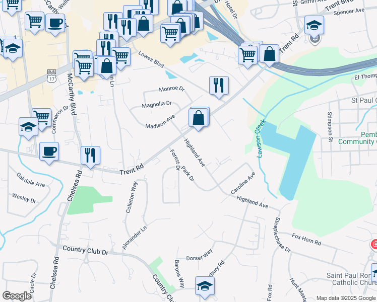 map of restaurants, bars, coffee shops, grocery stores, and more near 1209 Highland Avenue in Trent Woods