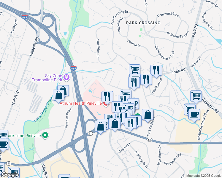 map of restaurants, bars, coffee shops, grocery stores, and more near 10508 Park Road in Charlotte