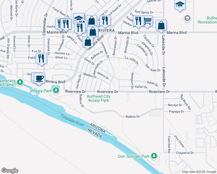 map of restaurants, bars, coffee shops, grocery stores, and more near 2229 Coronado Drive in Bullhead City