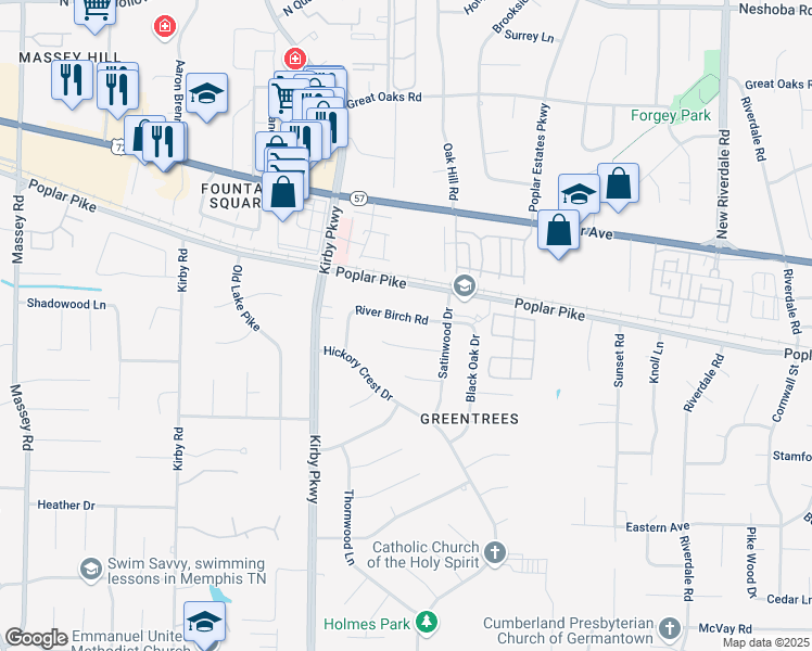 map of restaurants, bars, coffee shops, grocery stores, and more near 6797 River Birch Road in Memphis