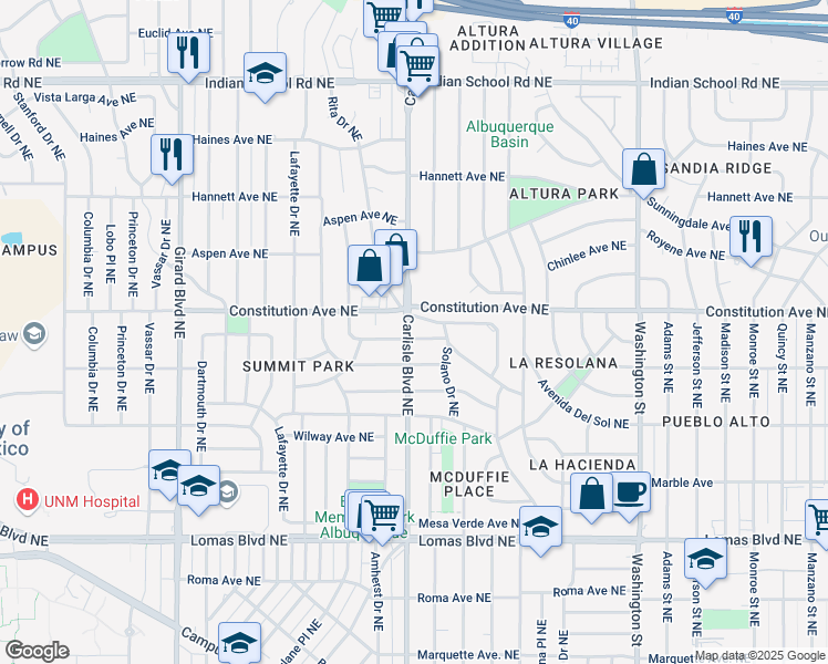 map of restaurants, bars, coffee shops, grocery stores, and more near 3615 Cll Del Ranchero Northeast in Albuquerque
